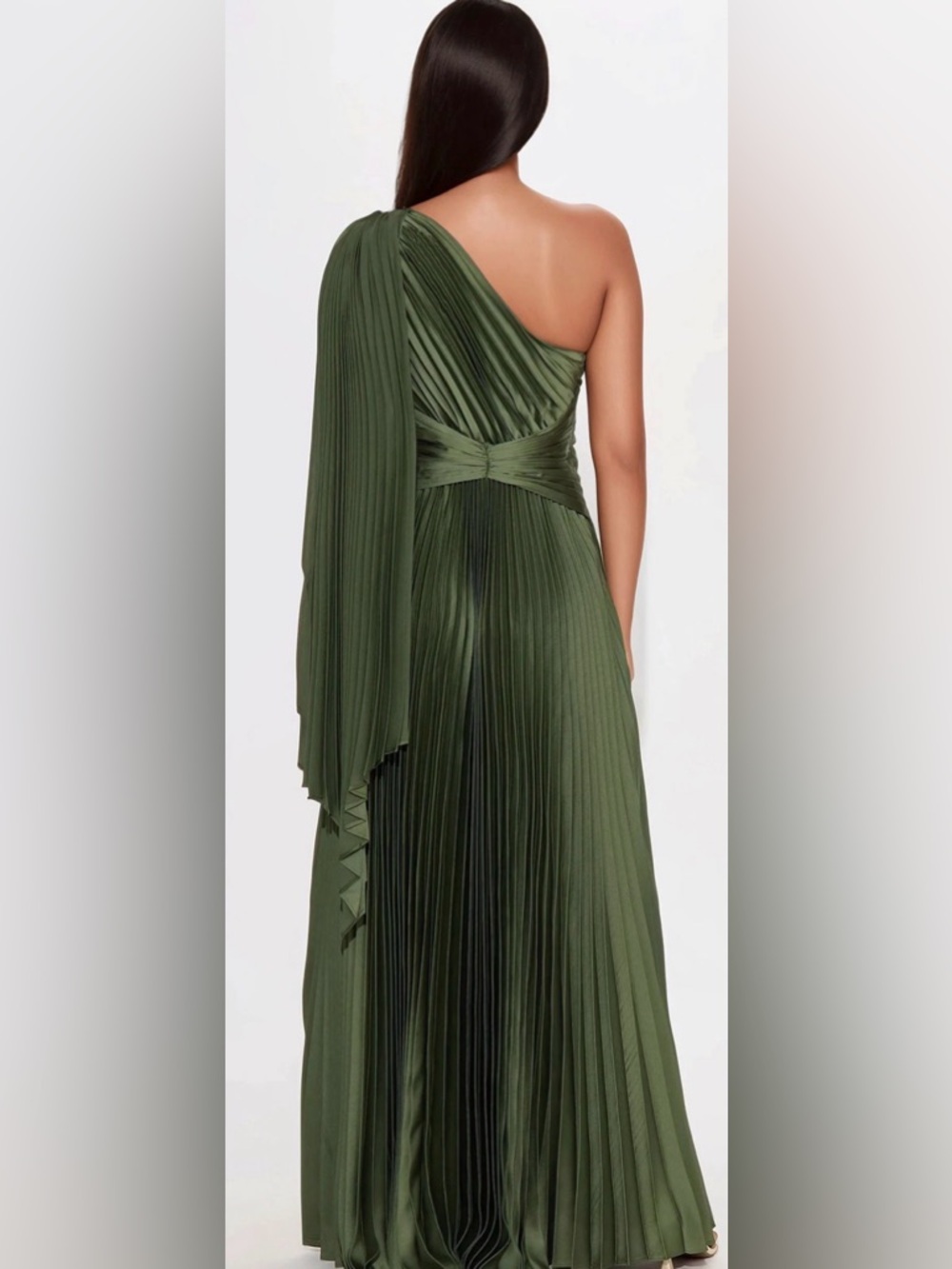 Olive One-Shoulder Pleated Gown - Picture 3 of 4
